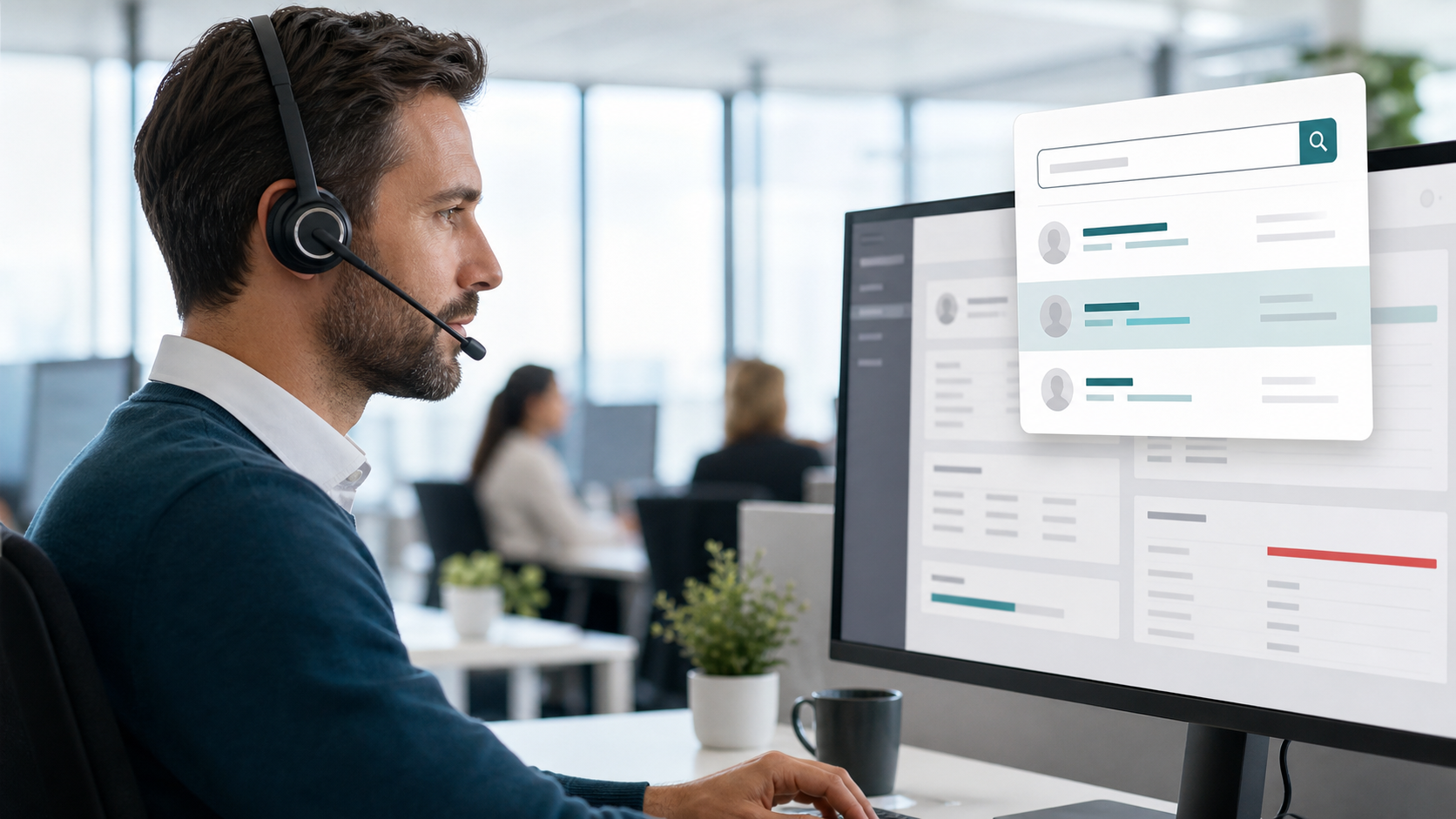 Callcenter-Agent mit Headset an einer CRM-Suche