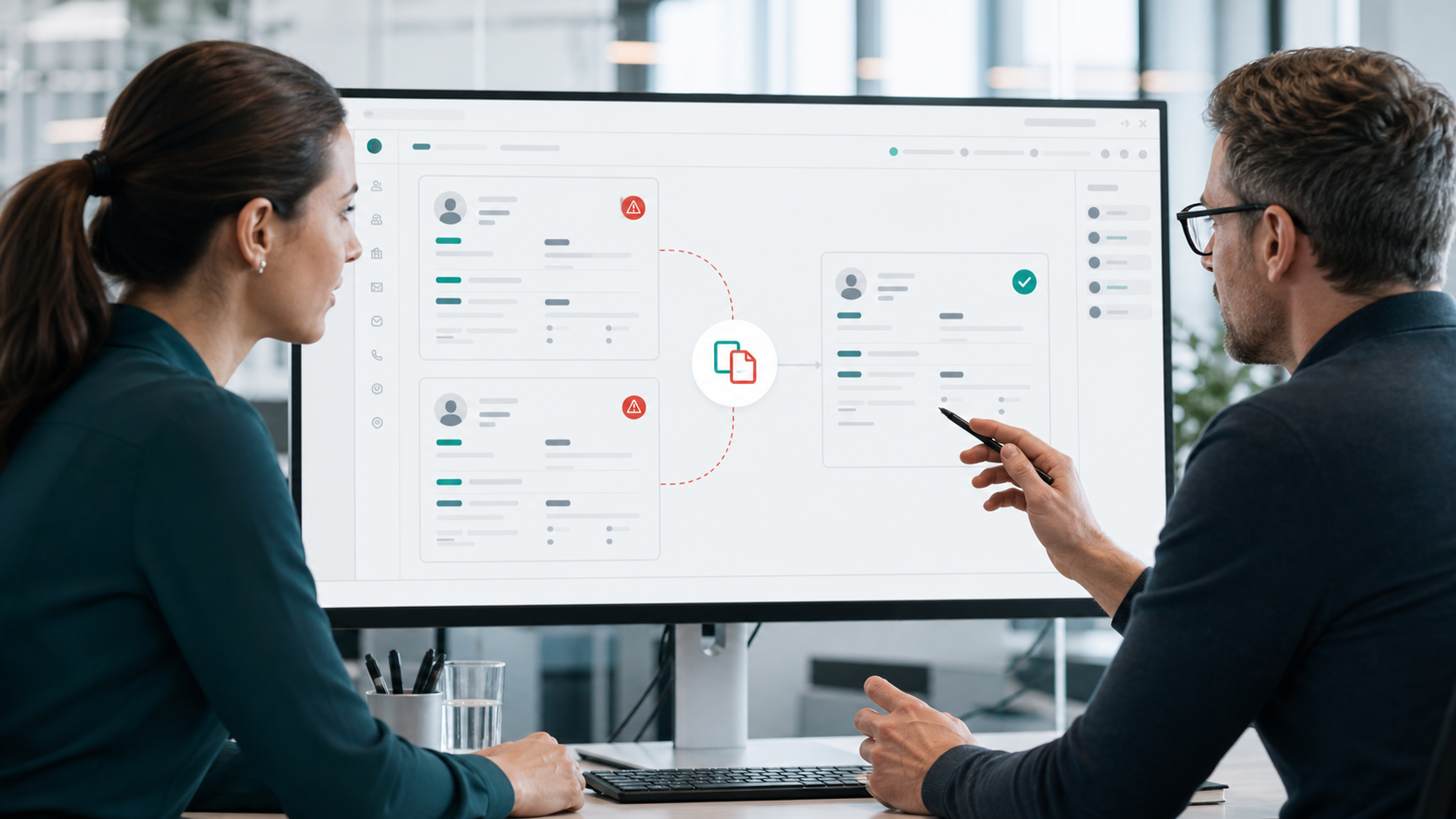 Produktteam bespricht Dublettenvermeidung in CRM- und ERP-Software